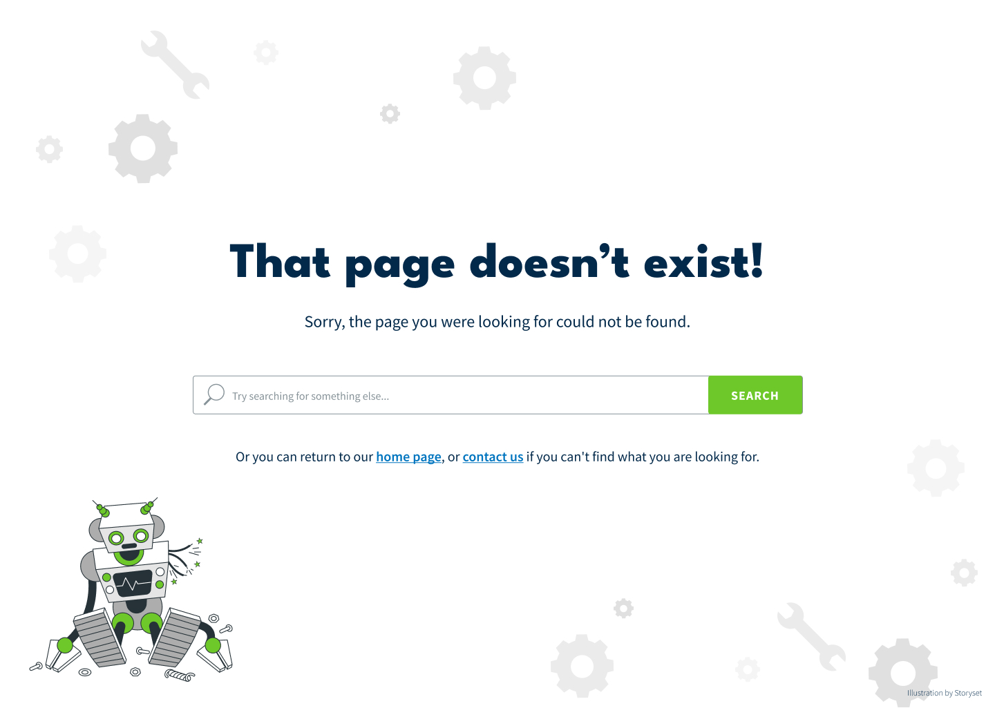 A robot is sitting on a page that says that page doesn't exist.