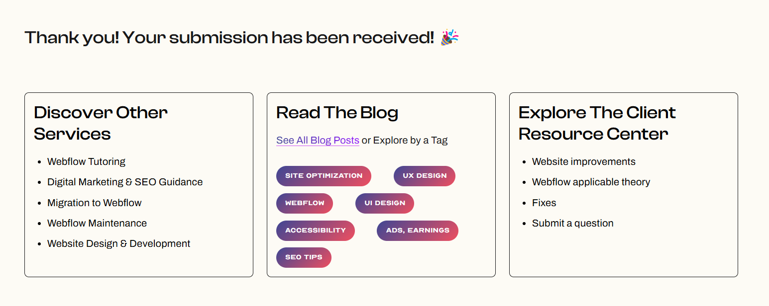 form submission success state on Rapid Fire service pages