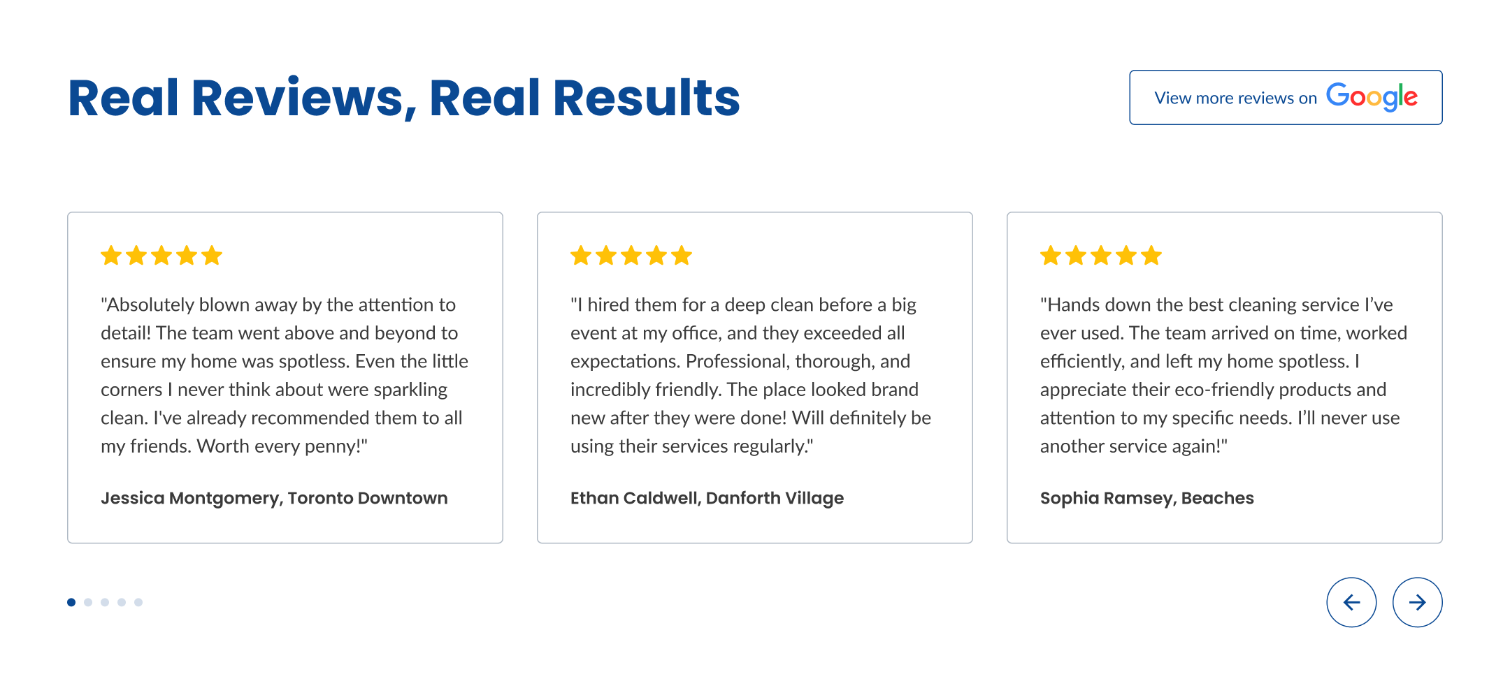 Example of Testimonials section layout