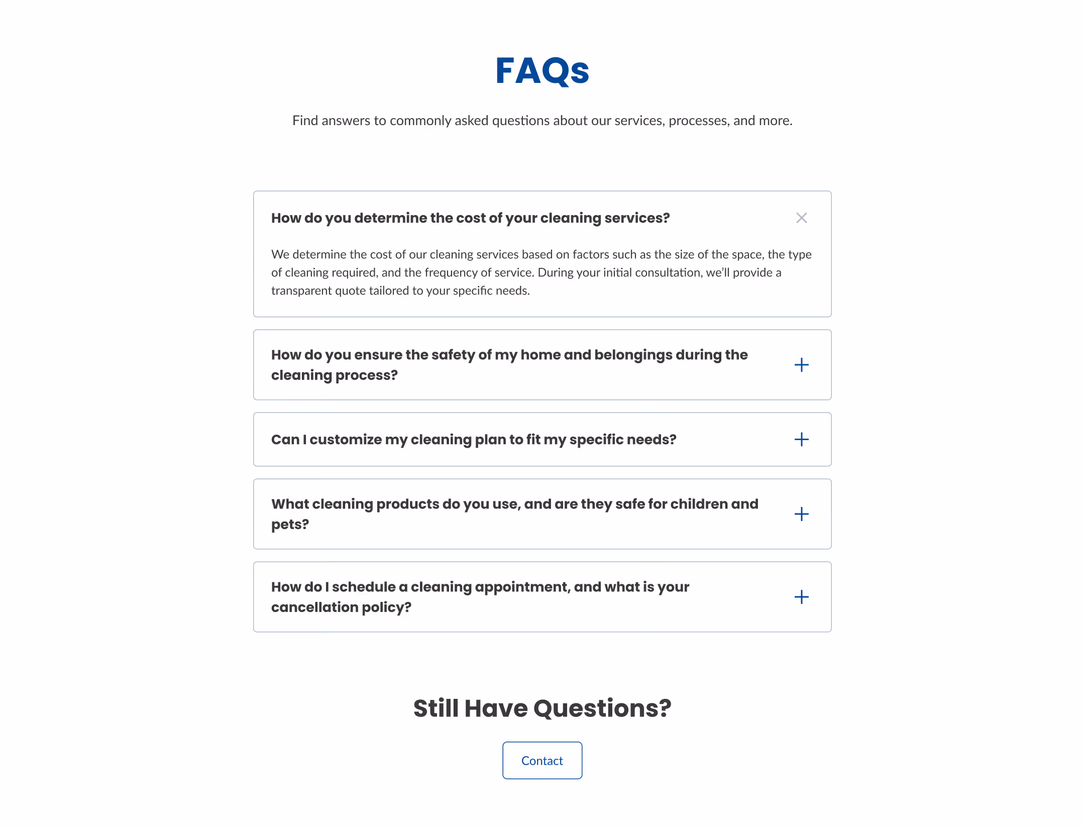Example of FAQ section layout