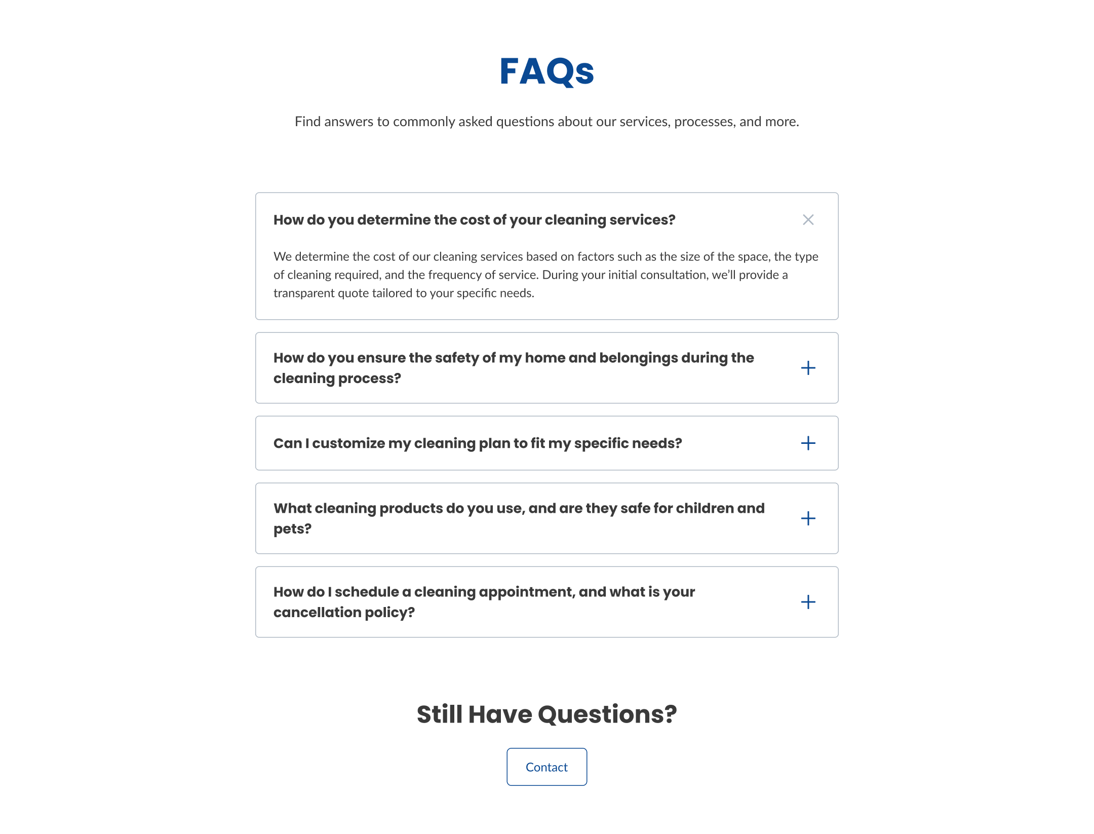 Example of FAQ section layout