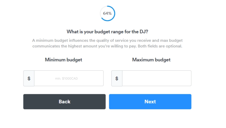 inquiry form with minimum budget mentioned