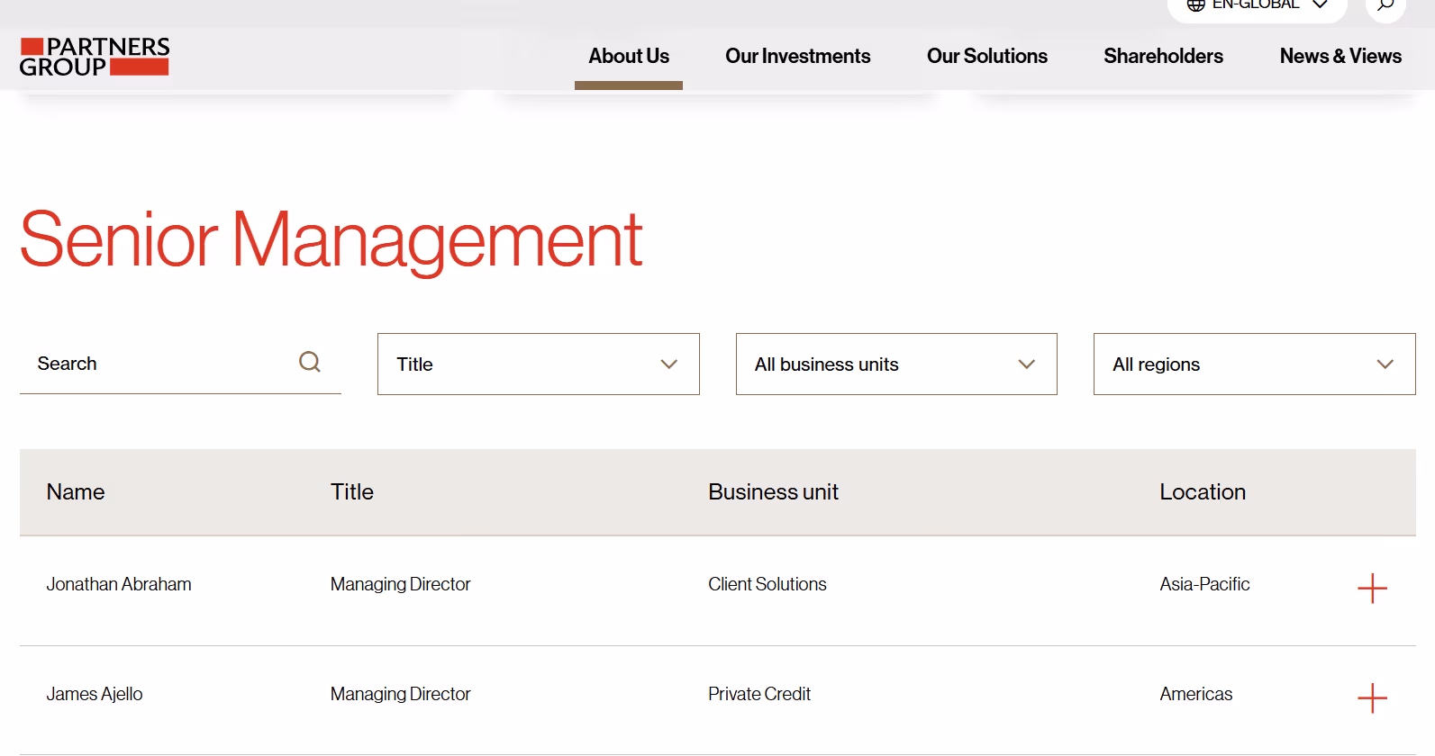 Screenshot from Partner Group team page website