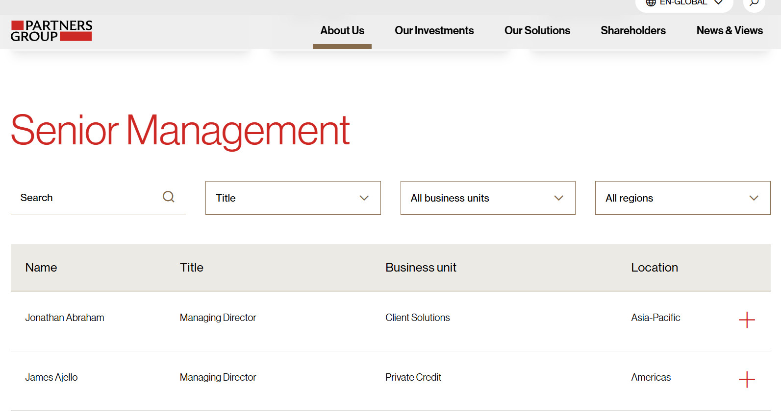 Screenshot from Partner Group team page website