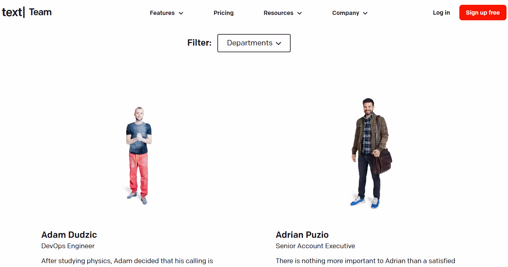 Screenshot from Text team page website