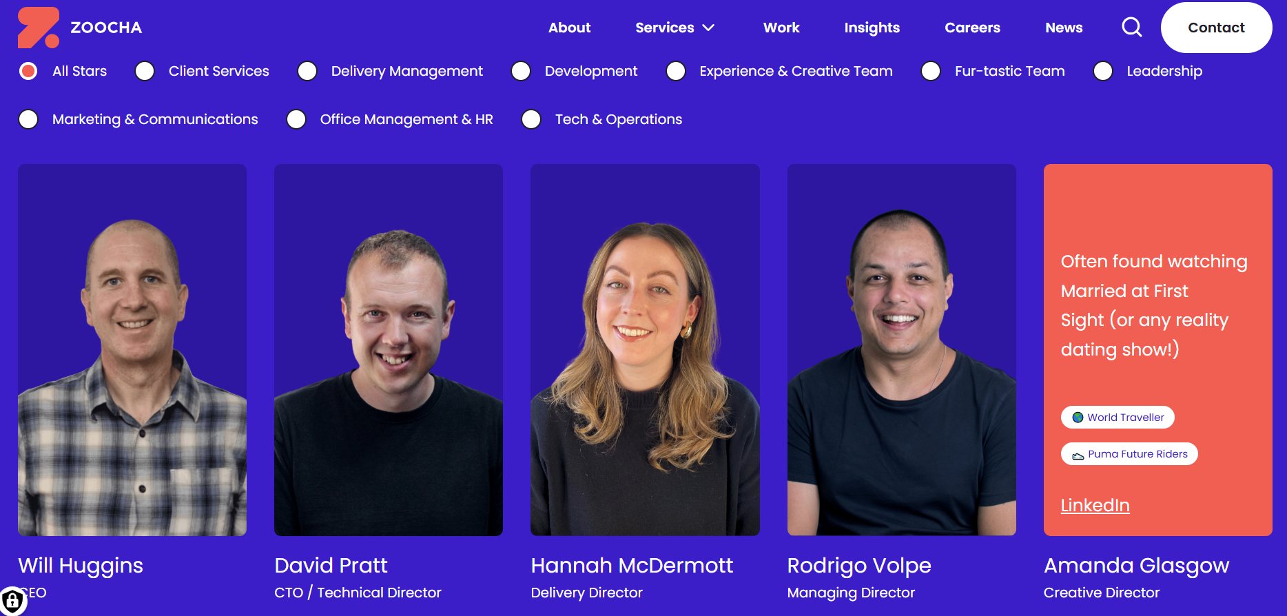 Screenshot from Zoocha team page website