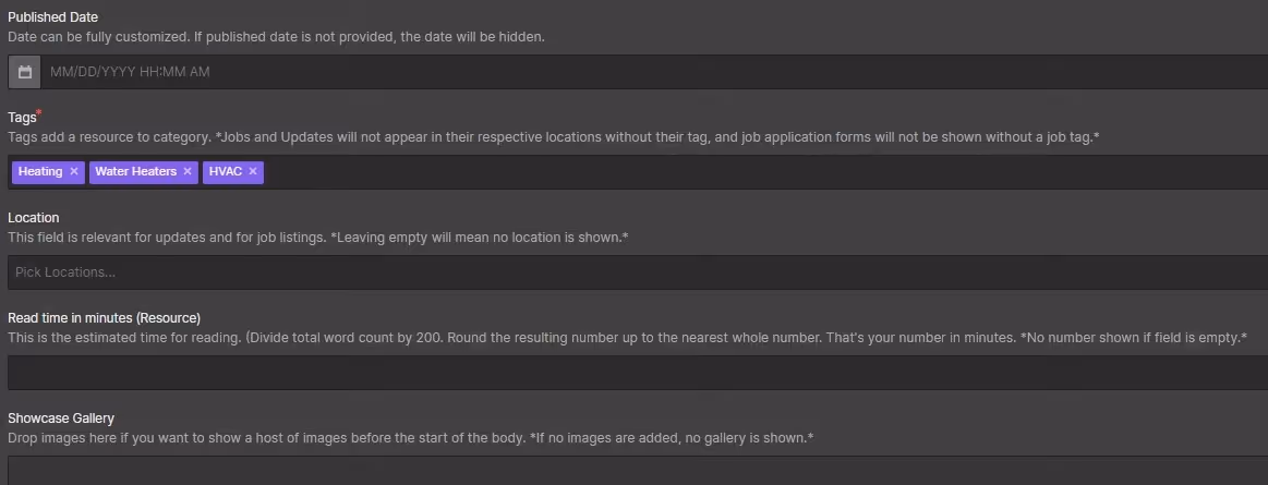 A screenshot of Webflow dashboard with an example of help text usage