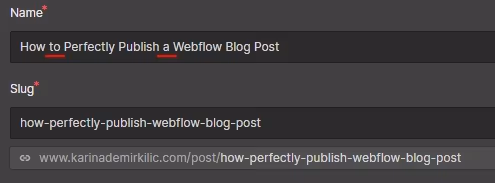 A screenshot of the Webflow CMS with Name and Slug fields filled in