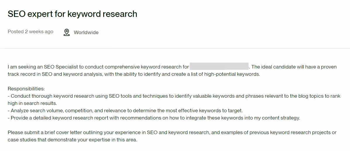 Screenshot with Original job description as it was posted on Upwork
