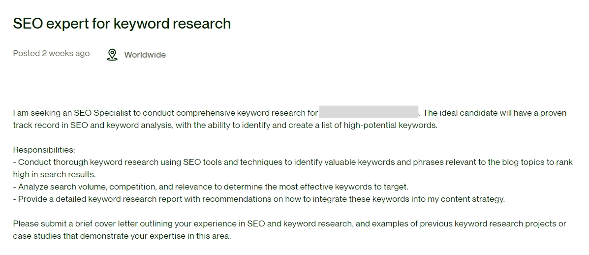 Screenshot with Original job description as it was posted on Upwork