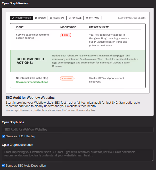 open Graph settings for our landing page
