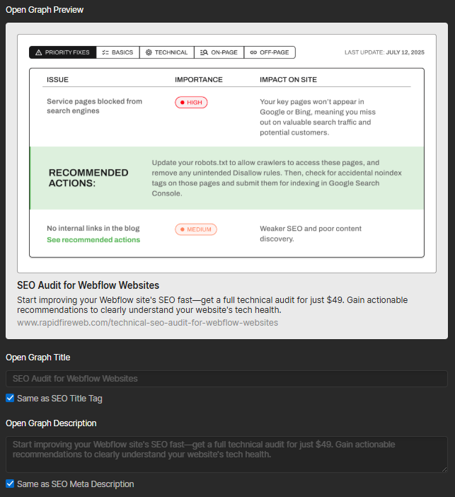 open Graph settings for our landing page
