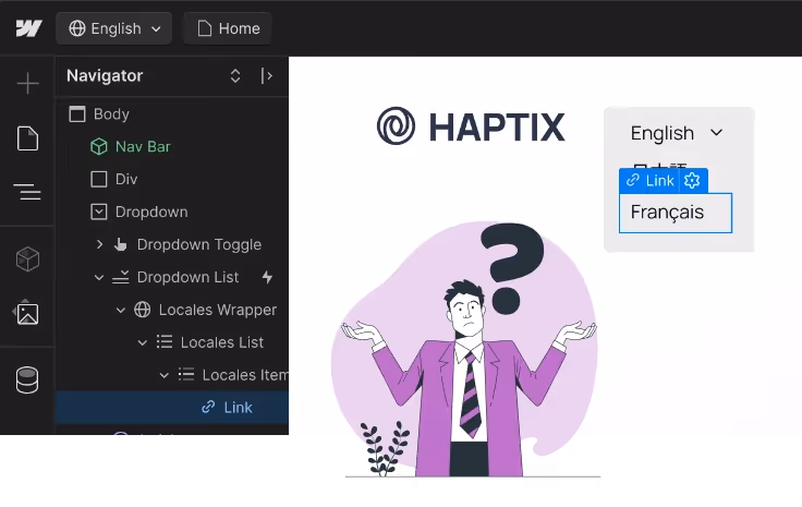 Example from Webflow website of how Localization toggle can look