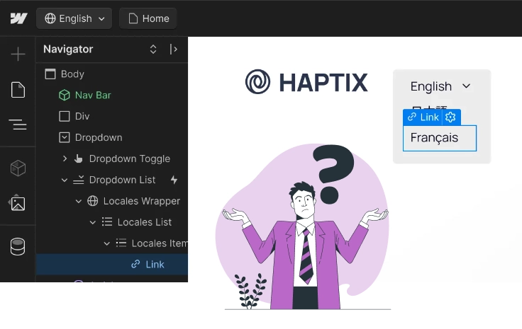 Example from Webflow website of how Localization toggle can look