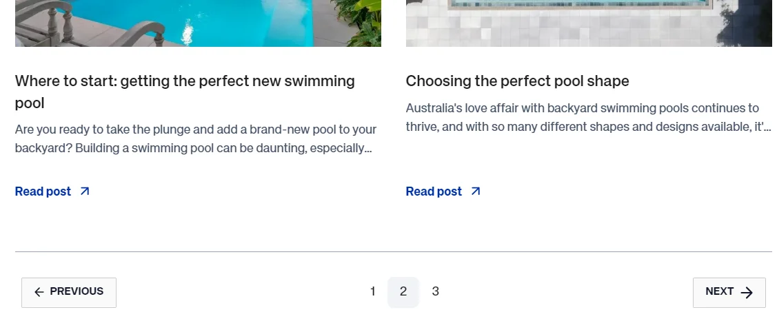Custom pagination for a blog about pools - screenshot