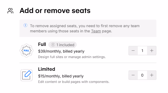 webflow seats pricing 
