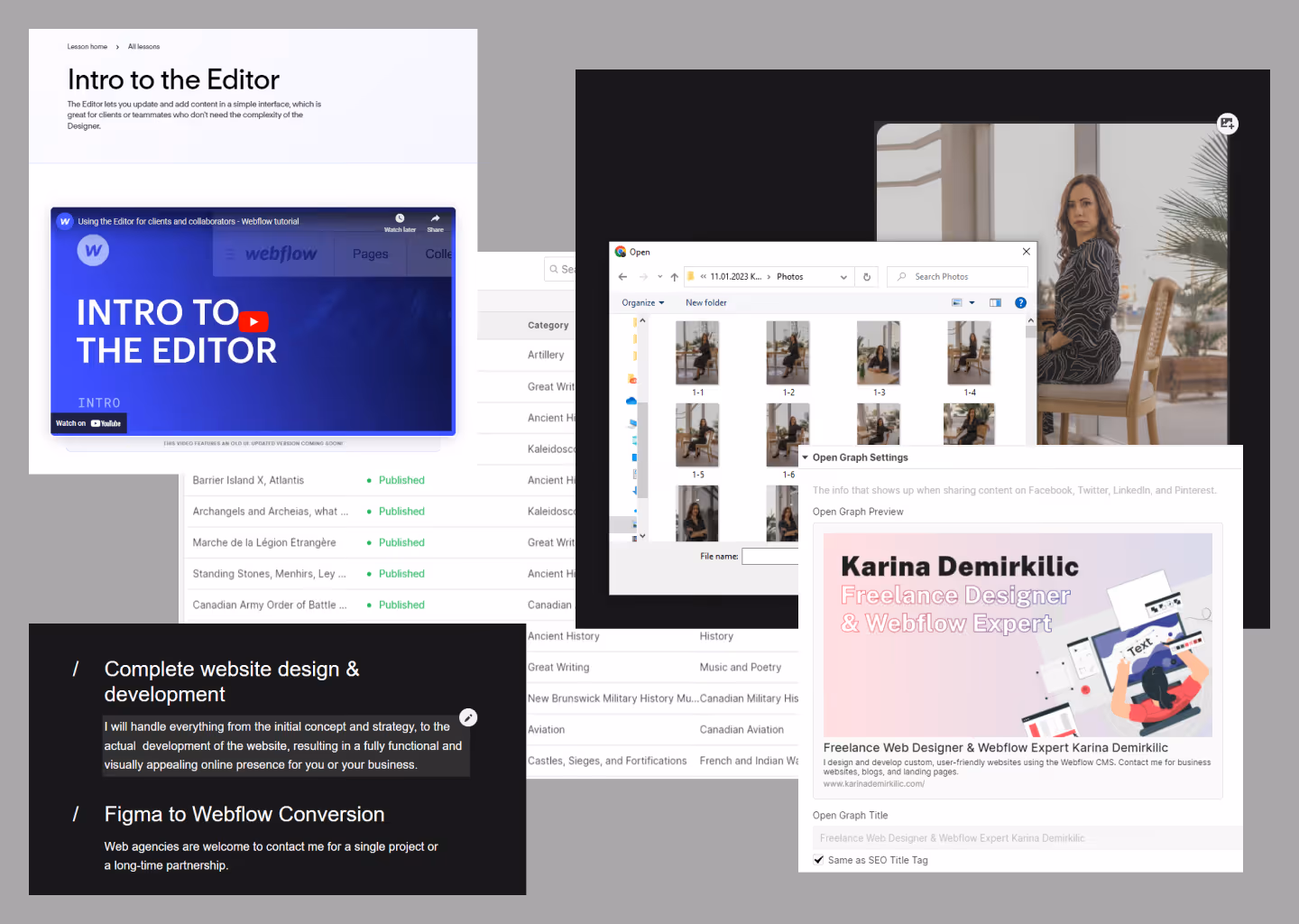 A website with a woman sitting in a chair.