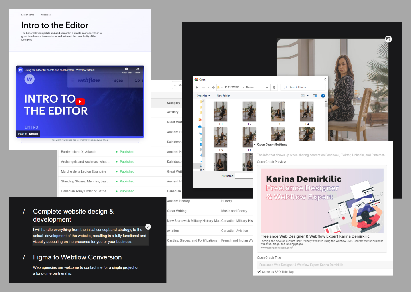 A website with a woman sitting in a chair.