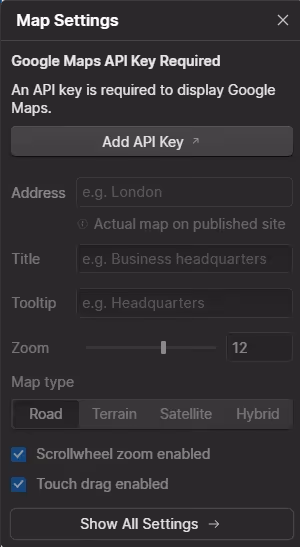 Webflow map element settings