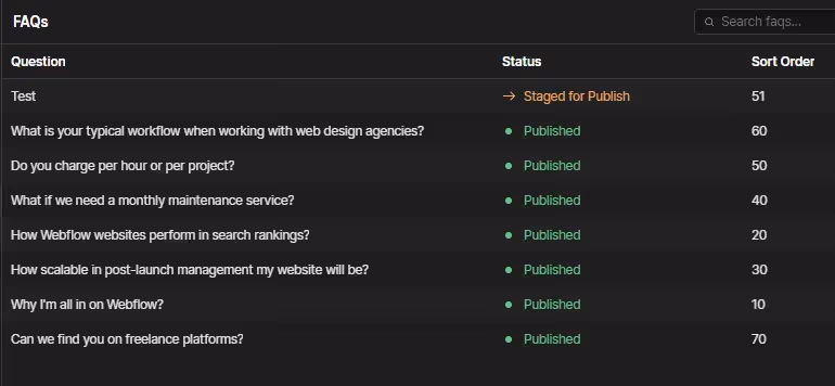 setup of sorting order in Webflow CMS