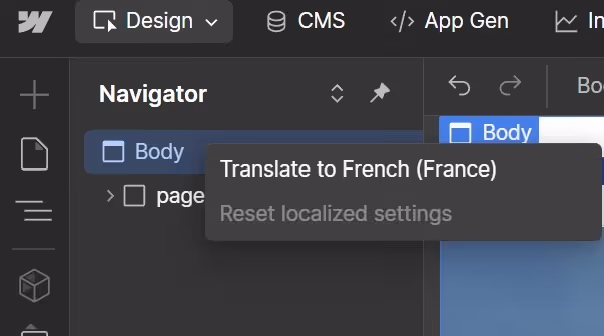 Webflow Navigator once click translation option