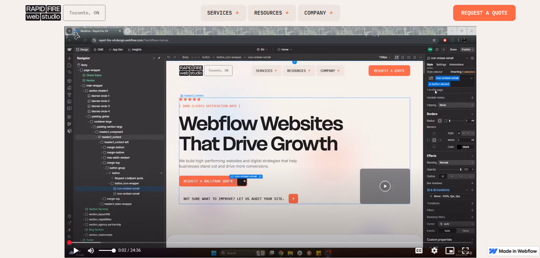 Screenshot of a Google Drive video embedded on the Rapid Fire Web Studio website.