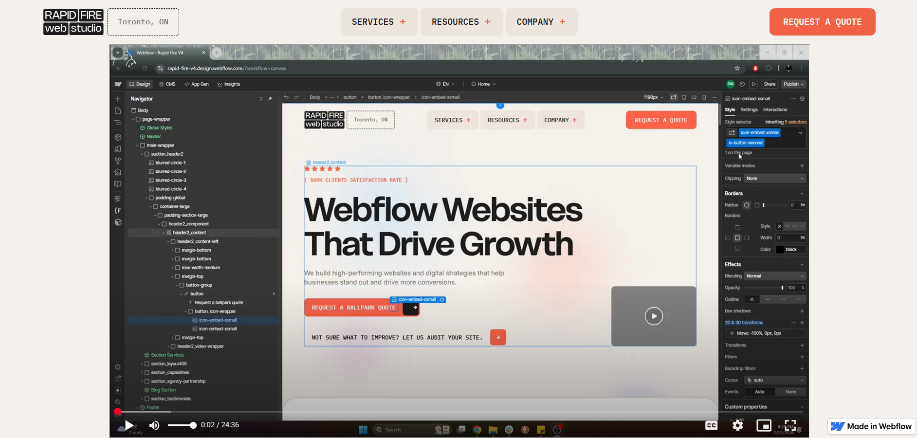 Screenshot of a Google Drive video embedded on the Rapid Fire Web Studio website.