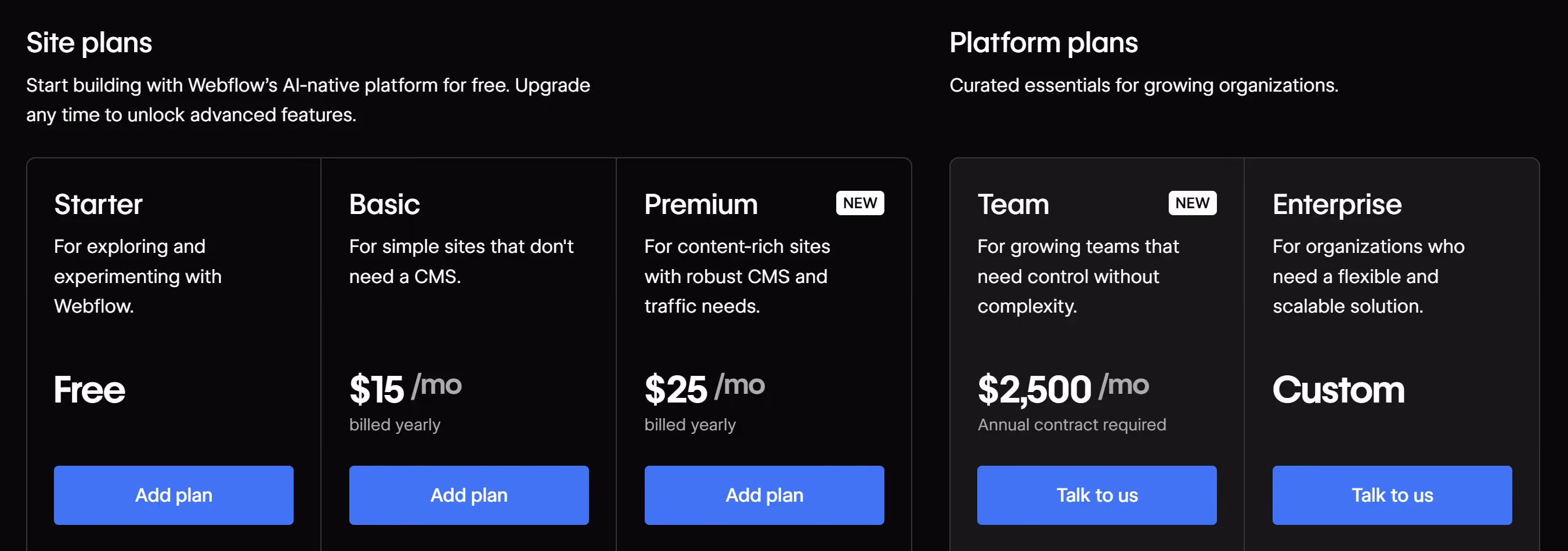 webflow 2026 site and platform plans pricing