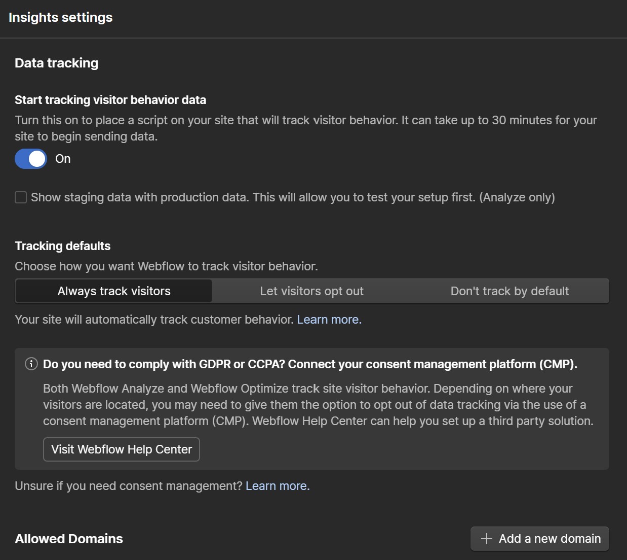 Tracking settings in Webflow Analyze