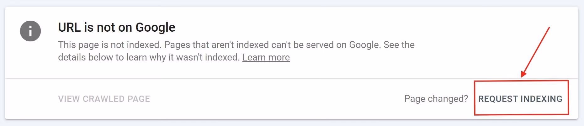 The "URL is not on Google" message in Google Search Console — with the Request Indexing button highlighted.