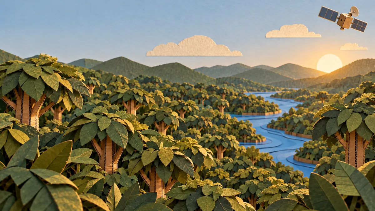 A handcrafted satellite scene from the forest monitoring animation.