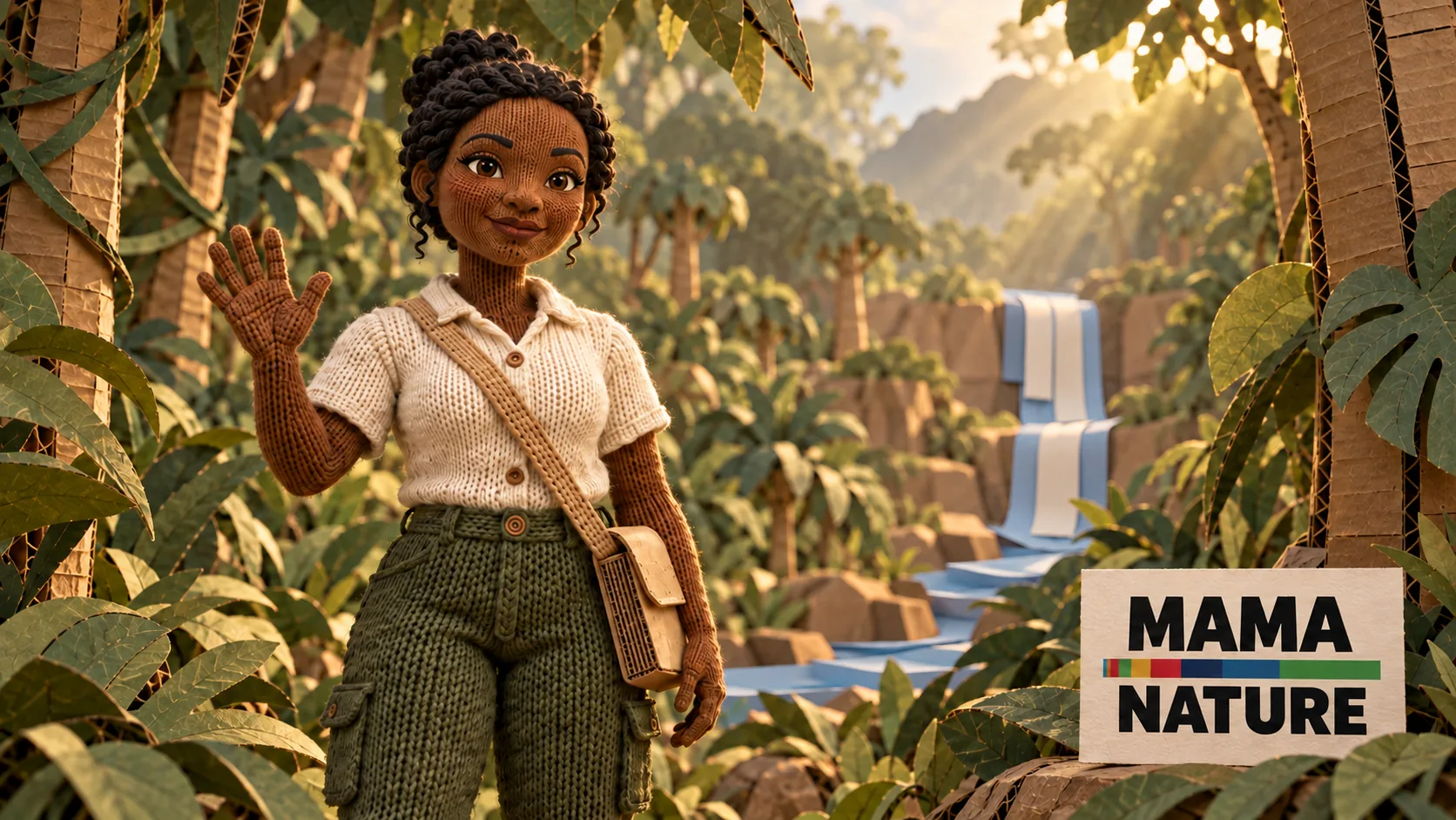 Mama Natura, a knitted animated guide, waves in a handcrafted paper rainforest.