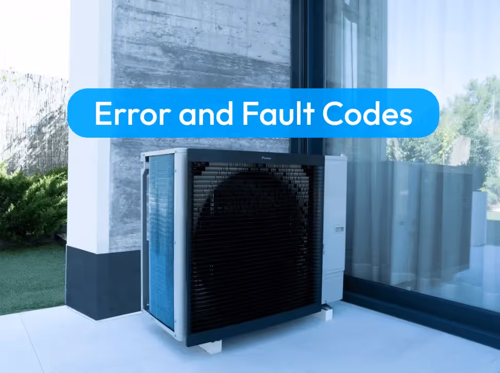 A Daikin Altherma on the patio with text 'error and fault codes' over the image