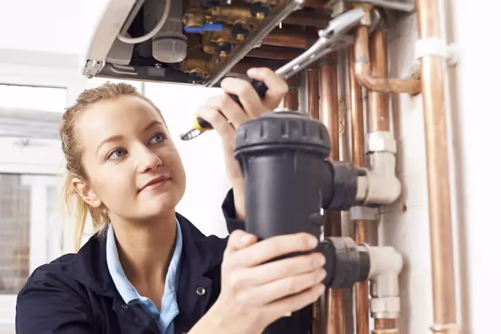 Woman engineer installing a magnetic filter to a combi boiler