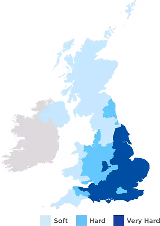 Map of the UK depicting hard water areas mostly in the South, South East and Eastern England