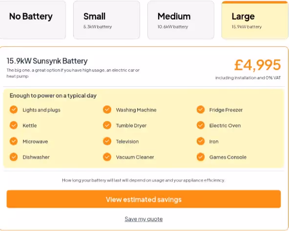 A snippet from the dwellow website showing the price of a 15kwh battery at £4,995