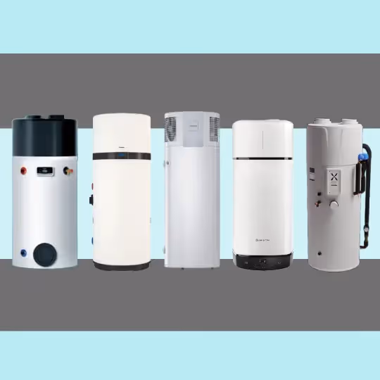 A collection of different DHW heat pumps in one image, including Vaillant, Mixergy, Daikin and others