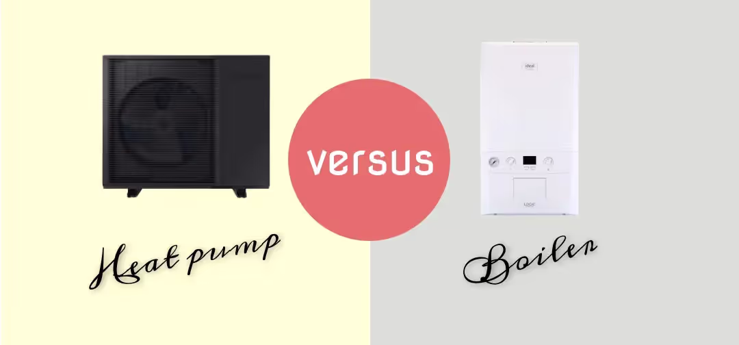 Illustration with a heat pump next to a boiler with versus in an orange circle