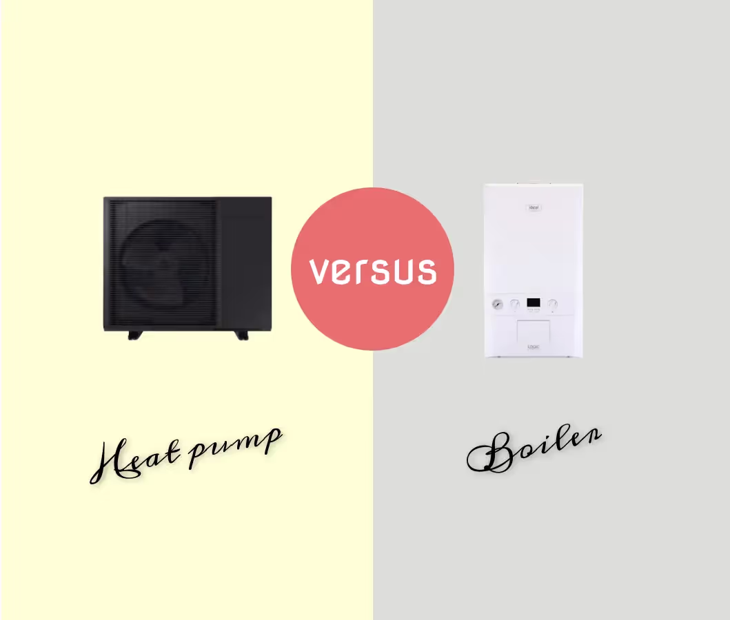 Illustration with a heat pump next to a boiler with versus in an orange circle