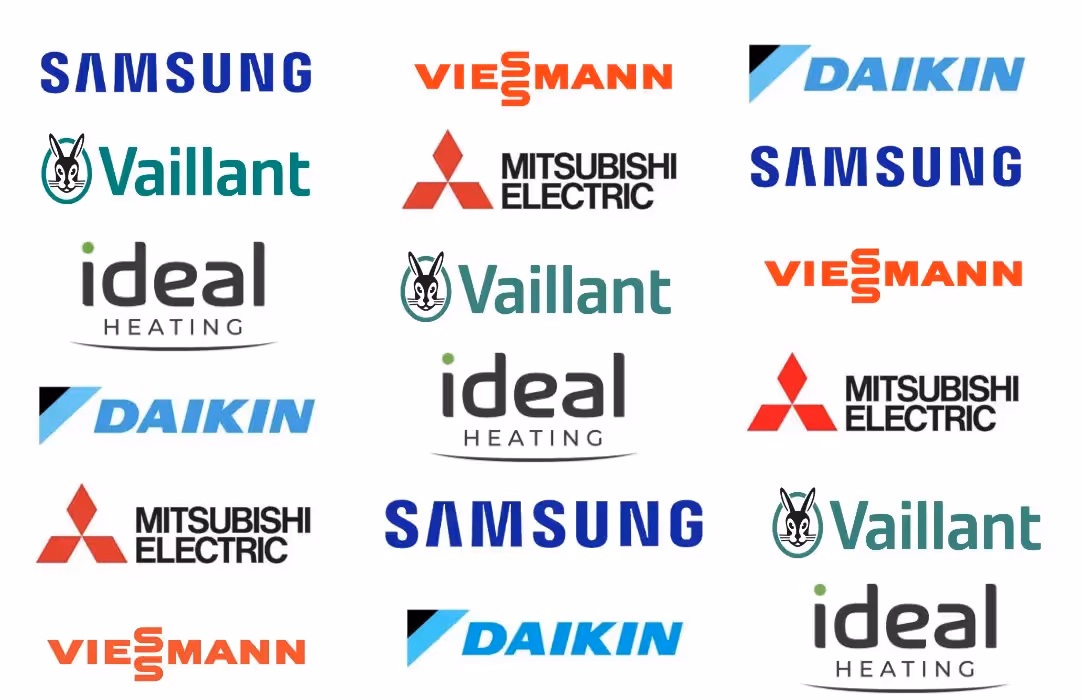 Collage of heat pump manufacturers including Samsung, Vaillant, Ideal Heating, Daikin, Mitsubishi Electric and Viessmann