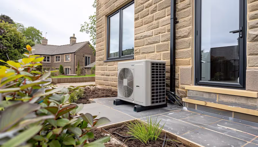 Air source heat pump on the side of a house built in yorkshire stone