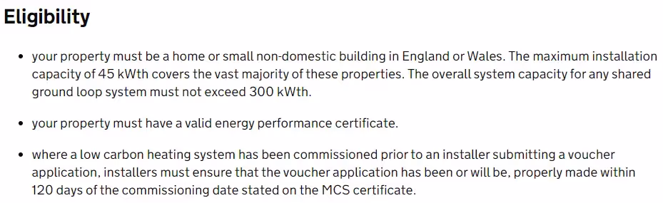 Snip of eligibility criteria for the Boiler Upgrade scheme, follow the link for details