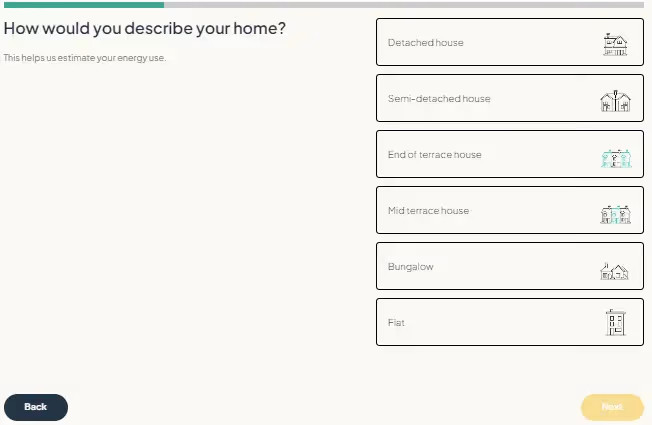 A screenshot of the dwellow cutomer journey asking for the type of house of the customer