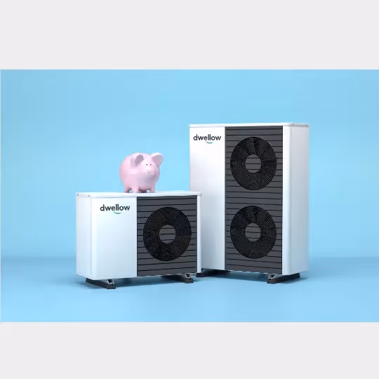Two different sized heat pumps with Dwellow logo superimposed on them and a pigggy bank sat on top of one unit