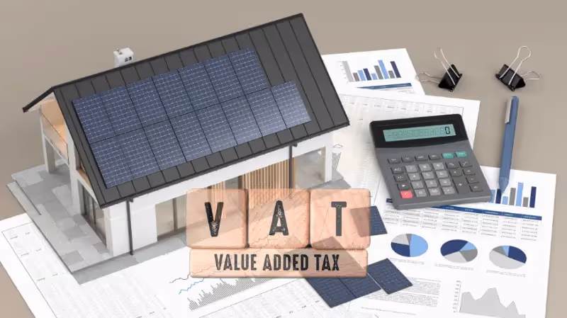 A picture of a model house with solar panels and a calculator, with the letters VAT written on 3 wooden blocks