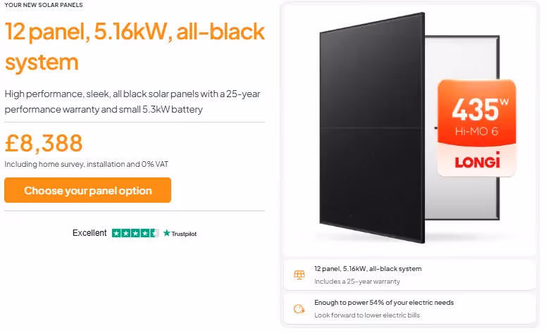 A screenshot of the dwellow website solar buying journey, showing a quote for a 12 panel system and battery from the quote page
