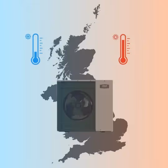 A map of the UK with an image of a heat pump over it and a hot and cold thermometer