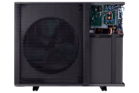 Image of the front of  Samsung EHS R32 heat pump, with the cover off and showing the internal workingsk