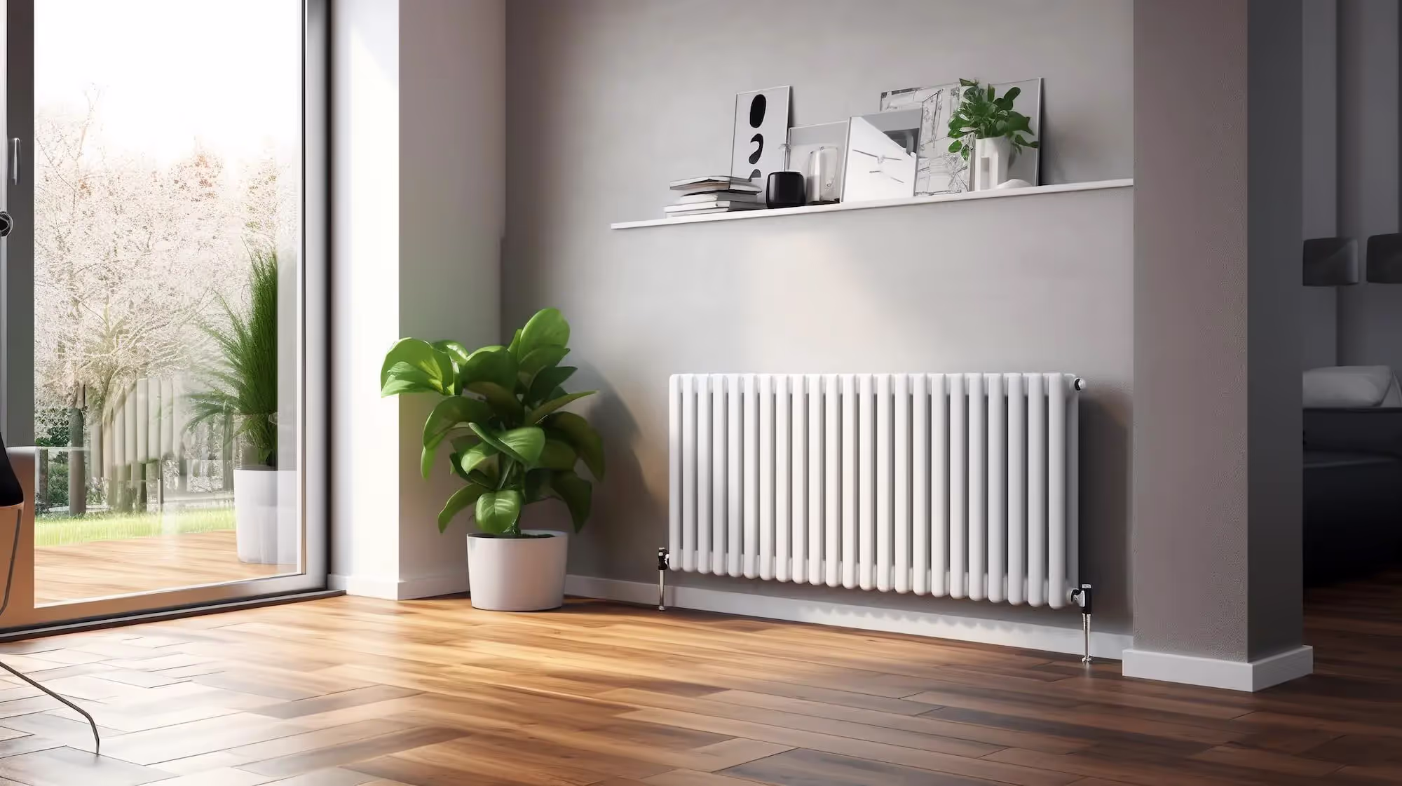 Radiator on the wall of a modern room with a wooden floor and large patio windows