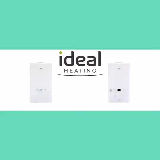 The Ideal Heating logo between two images of Ideal boilers
